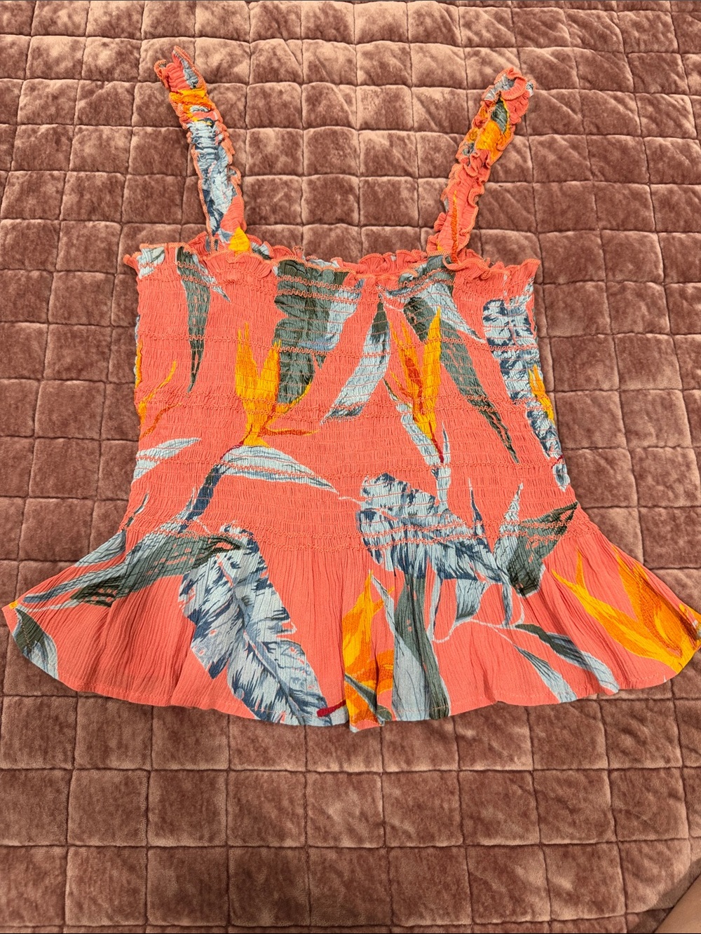 Patrons of Peace Coral Tropical Print Smocked Tank with Ruffle Straps
